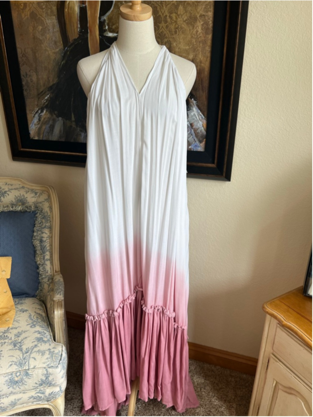 Jen's Pirate Booty White Pink Ombre Halter Maxi Dress M - Picture 2 of 8